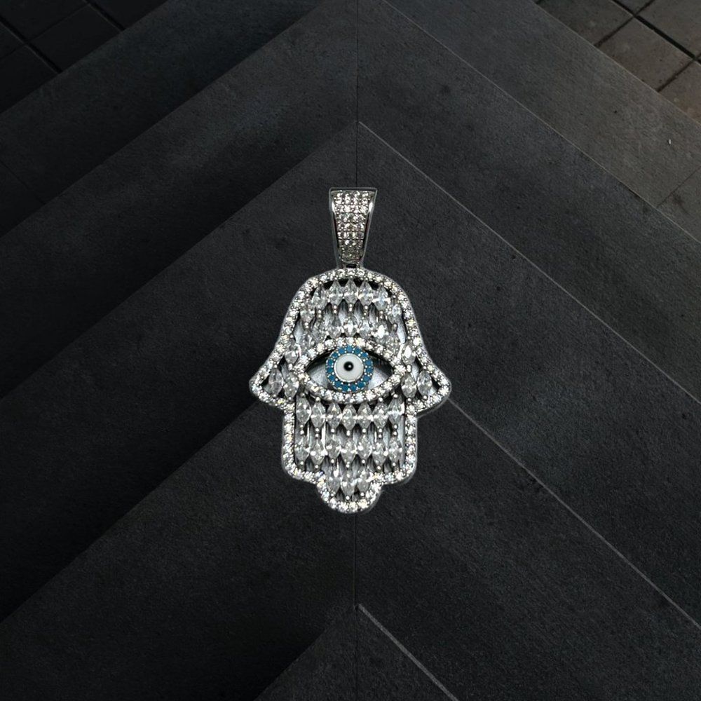 925 Sterling Silver Handmade Hamsa Hand Ice-Out Charm Pendant